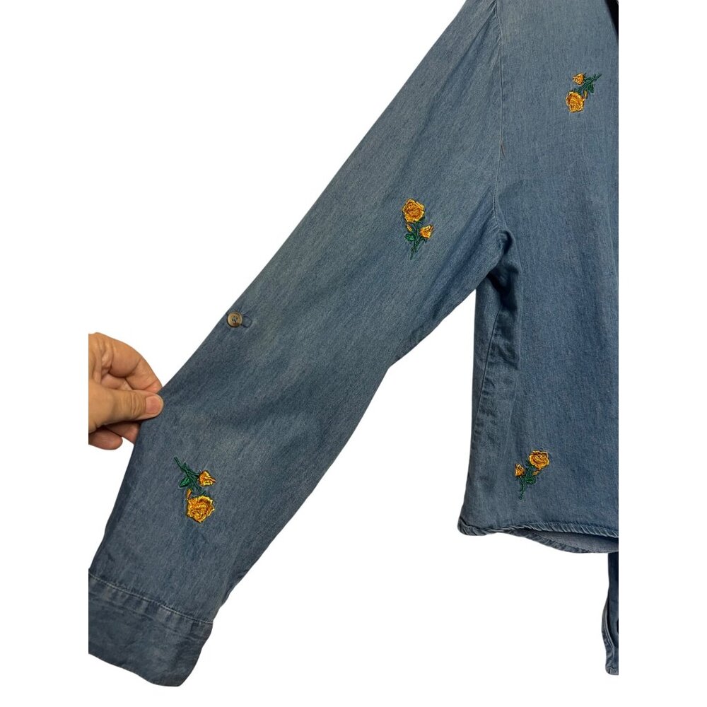 VTG Harper Heritage Women XL Denim Shirt Yellow Rose Embroidery Asymmetrical Hem - Picture 5 of 16